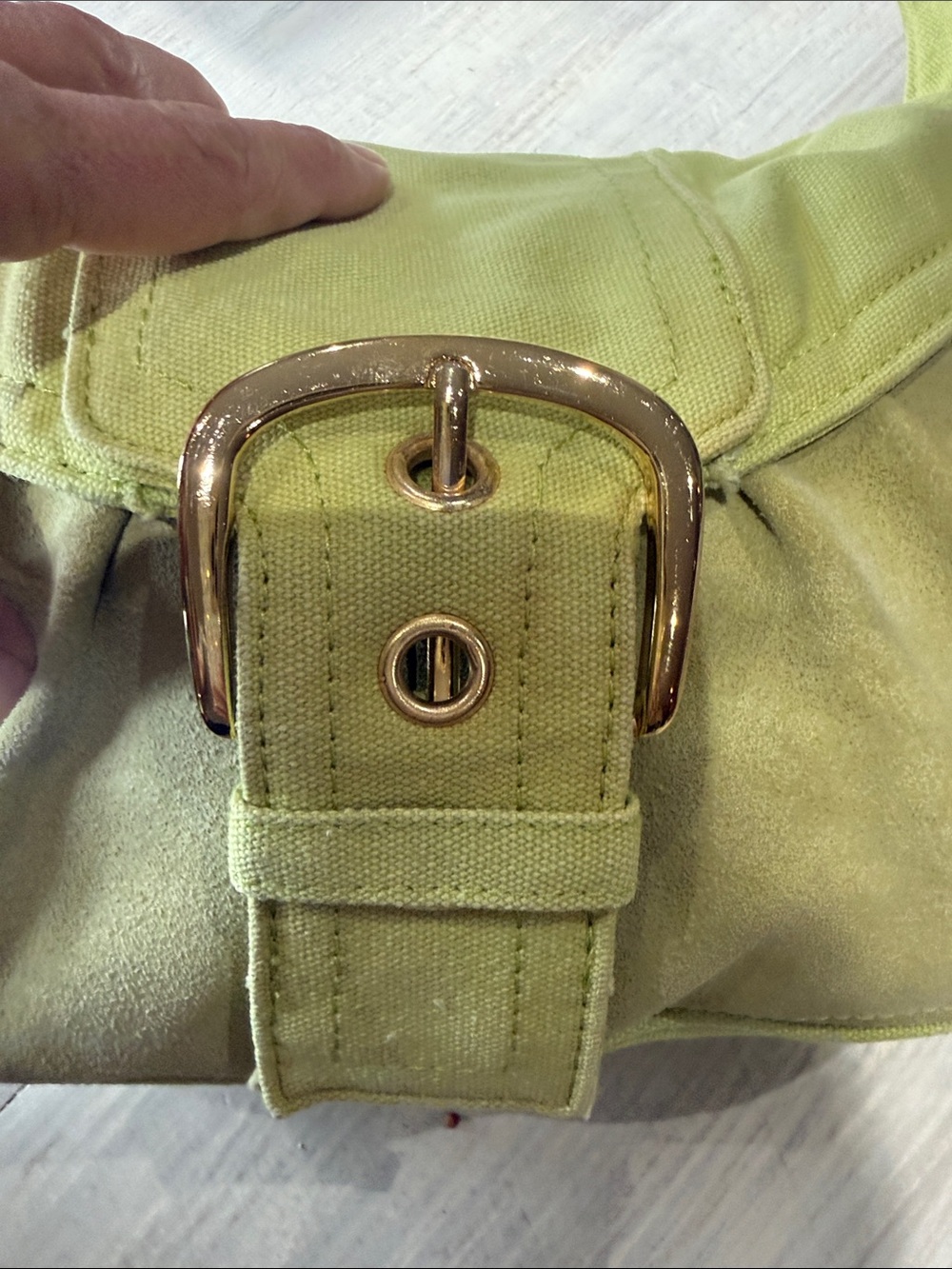Y2K Source Unknown Lime Green Small Hobo Denim and Suede Bag with Gold Buckle - Picture 9 of 10